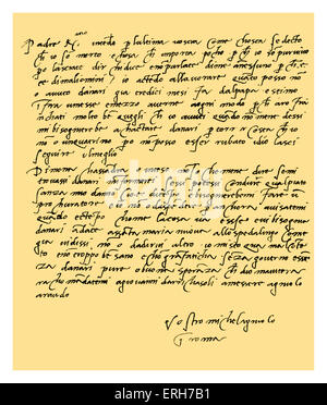 Manuscrit : lettre en italien de Michelangelo Buonarroti à son père, Lodovico di Buonarrota Simoni à Florence. Michelangelo Buonarroti contredit la rumeur de sa mort et se plaint qu'il n'a pas reçu d'argent du Pape pendant treize mois. De plus, il parle d'un costume pour un douaire pour sa tante Monna Cassandra (veuve de Francesco Buonarroti). Juin 1508. Signature : Michelagniolo Buonarroti. Peintre, sculpteur, architecte, poète et ingénieur. 6 mars 1475 - 18 février 1564. Source : British Museum. Banque D'Images