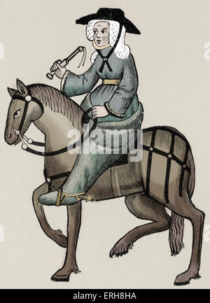 Geoffrey Chaucer's La femme de Bath à cheval. à partir de Les contes de Canterbury - ch. 1343-1400. Manuscrit Ellesmere de Canterbury Banque D'Images