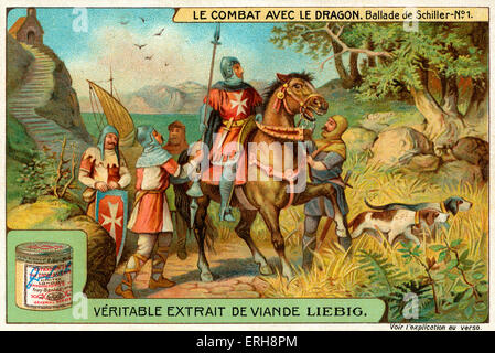 La bataille avec le Dragon - ballade de Friedrich Schiller. Le chevalier s'écarte sur son voyage à combattre le dragon. Titre allemand : Der Kampf mit dem Drachen. (Liebig Cartes à collectionner. Série : Le combat avec le Dragon). N° 1. FS : poète allemand, 10 novembre 1759 - 9 mai 1805. Banque D'Images