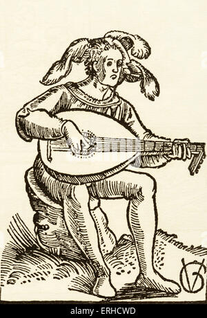 Le Lute-Player, gravure sur bois par Urs Graf, 1511. Illustration d'un guide pour le jeu de luth. Homme assis dans la coiffure ou un chapeau et Banque D'Images