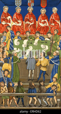 Cour du Banc du Roi de l'éclairage - de l'époque de Henry VI. Les juges, les scribes, les prisonniers dans les chaînes. Le roi Henry VI de Banque D'Images