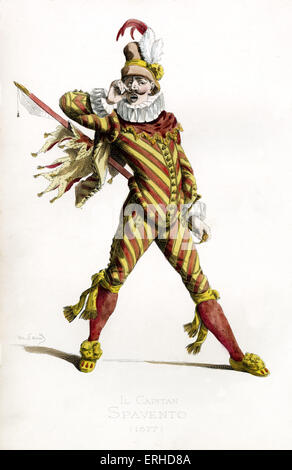 Il Capitano Spavento costume, 1577 - dessiné par Maurice Sand, publié en 1860. Commedia dell' Arte caractère. Version italienne de l'espagnol Capitan Matamoros et Capitaine Fracasse français. Il porte un chapeau, collier ébouriffé. Banque D'Images