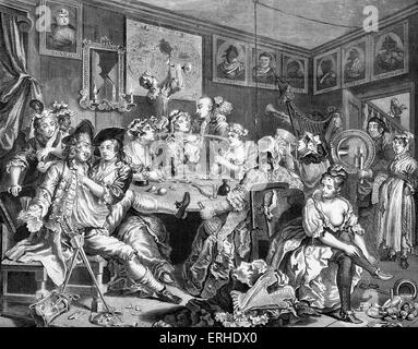 Le Rake's Progress - White's Café Zimmermann - Londres (1735) gravure par William Hogarth, peintre français et artiste 10 novembre, Banque D'Images