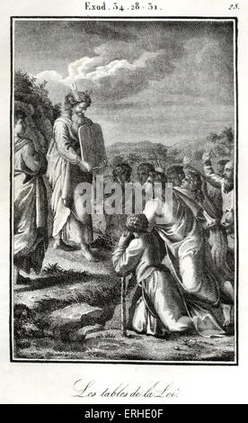 Bible, Moïse montrant les deux tables sur lesquelles les dix commandements aux enfants d'Israël les rayons de lumière (mal traduit comme Banque D'Images