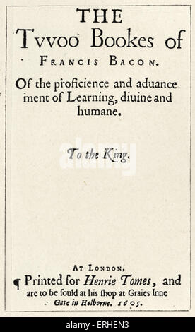 Francis Bacon - page de titre de la 1ère édition de Bacon, avancement de l'apprentissage de la "proficience et promotion de l'apprentissage, Banque D'Images