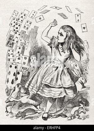 Alice - retour de Wonderland, entouré par des cartes et des animaux, 'Vous n'êtes qu'un jeu de cartes'. d'Alice au Pays des Merveilles par Banque D'Images