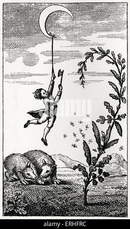 Les aventures surprenantes de Le Baron de Münchhausen - illustration originale sous-titrées : Le baron de la descente de la Lune. Le Baron Banque D'Images
