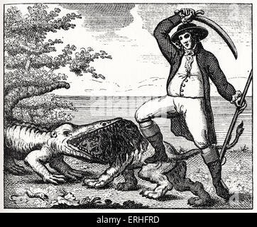 Les aventures surprenantes de Baron de Münchhausen : illustration originale sous-titrées : Le Baron tue un lion et un crocodile. L Banque D'Images