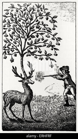 Les aventures surprenantes de Baron de Münchhausen : illustration originale sous-titrées : Le cerf avec le cerisier. Le Baron Banque D'Images