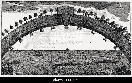 Les aventures surprenantes de Baron de Münchhausen : : Le Pont de l'Afrique à la Grande-Bretagne. Pont en arc s'étend sur l'océan pour un voyage entre les deux continents. Rudolf Erich Raspe (1737-1794) et Karl Friedrich Hieronymus, Baron (Freiherr von Münchhausen) (1720-1797) . Raspe a été le premier auteur à transcrire les histoires de guerre de Munchausen dans un livre, qui a été étendu par la suite par d'autres écrivains. Illustration originale. Banque D'Images