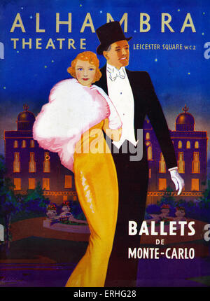 1930 couple en tenue de soirée sur la ville, sur la couverture du programme pour ballets de Monte Carlo à l'Alhambra, Théâtre Banque D'Images