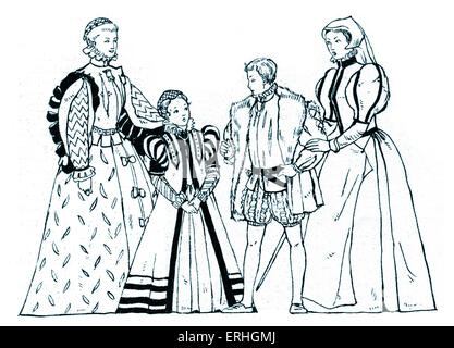 L'Angleterre élisabéthaine - costumes typiques du règne de la Reine Elizabeth I, avec deux femmes, un jeune homme et une jeune fille. QEI : 7 septembre 1533 - 24 mars 1603. Reine du 17 novembre 1558 jusqu'à la mort. Banque D'Images