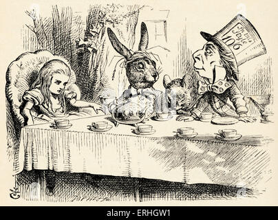 Alice au Pays des merveilles - Le Thé du Chapelier fou - du livre de Lewis Carroll (Charles Lutwidge Dodgson), anglais pour l'écrivain et mathématicien 27 janvier 1832- 14 janvier 1898. D'abord publié 1865. Illustrations de John Tenniel 1820-1914. Banque D'Images