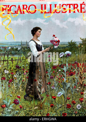 Young Woman picking fleurs sauvages - du Figaro Illustré, mai 1897. Tableau du peintre français, illustrateur et peintre L. Barrau Banque D'Images