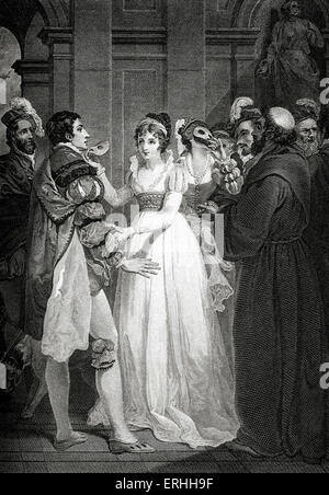 William Shakespeare, jouer beaucoup de bruit pour rien - Acte V Scene IV. Claudio : 'Qui est la dame je dois saisir ?" le poète et dramaturge anglais. 26 avril 1564 - 23 avril 1616. Elle démasque héros à Claudio. Artiste : Francis Wheatley. Graveur : Fittler. Les masques. Banque D'Images