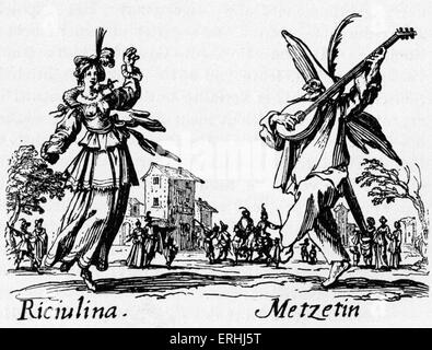 Commedia dell'Arte, Italien, 16ème siècle. Un couple danse en plein air. Un masque masculin joue un instrument à cordes. Banque D'Images