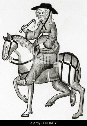 Geoffrey Chaucer's La femme de Bath à cheval. à partir de Les contes de Canterbury - ch. 1343-1400. Manuscrit Ellesmere de Canterbury Banque D'Images