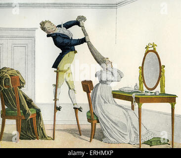Satire de la mode des cheveux tendances dans le début du 19e siècle - Français caricature montrant un homme sur des échasses styling une poudre de femme Banque D'Images