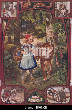 Le Petit Chaperon Rouge marche à travers la forêt et rencontre le loup. . Histoire des frères Grimm. Illustration allemande. Banque D'Images