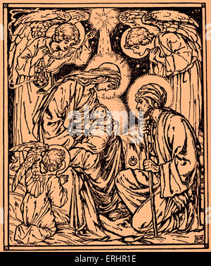 Naissance de Jésus - l'illustration de la naissance de Jésus avec Marie portant l'enfant, Joseph et trois anges à la recherche sur, et un Banque D'Images