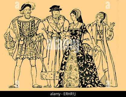 L'Angleterre élisabéthaine - costumes typiques du règne de la Reine Elizabeth I, avec deux hommes et deux femmes. QEI : 7 septembre 1533 - Banque D'Images