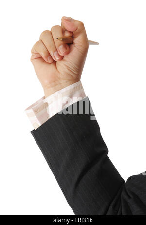 Business Woman holding her pen sur fond blanc at office Banque D'Images