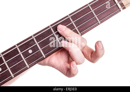 Mains d'un adolescent femme joue de la guitare, Isolated on white Banque D'Images