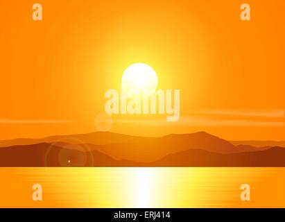 Paysage avec le coucher du soleil au bord de la mer plus de montagnes. Vector illustration. Illustration de Vecteur