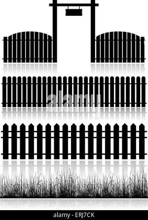 Ensemble de clôtures, Gate et de l'herbe - noir isolé sur blanc. Vector illustration. Illustration de Vecteur