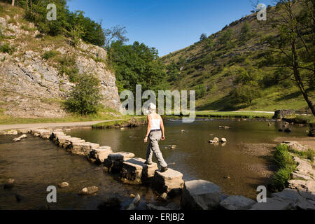 Royaume-uni, Angleterre, Derbyshire, Dovedale, rivière Dove, visiteur utilisant tremplin crossing en été Banque D'Images