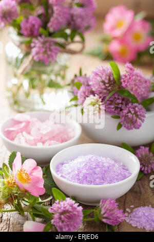 Spa avec de fines herbes et de sel rose wild rose fleurs clover Banque D'Images