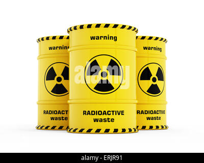 Barils radioactifs jaune pile avec des panneaux d'avertissement. Banque D'Images
