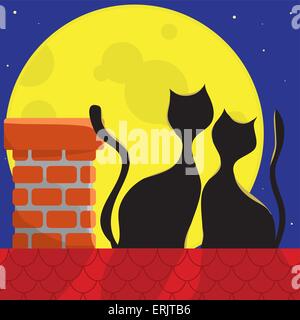 L'amour les chats sur le toit d'une pleine lune Illustration de Vecteur