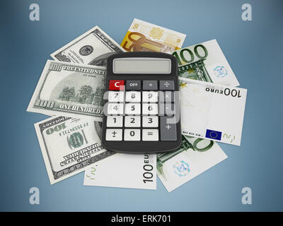 Calculatrice, dollar et euro factures à surface grise. Banque D'Images