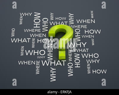 Point d'interrogation et question mots sur surface grise. Banque D'Images