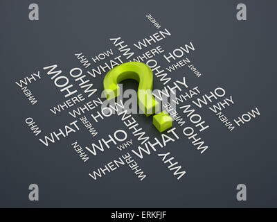 Point d'interrogation et question mots sur surface grise. Banque D'Images