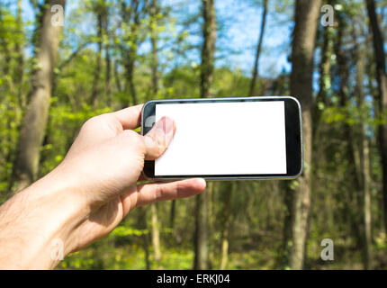 Vue avant du hand holding horizontal Noir Smartphone avec écran blanc vide entre les arbres. Banque D'Images