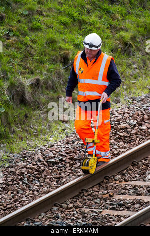 Tebay, Cumbria, Royaume-Uni 4 juin 2015. Santé et sécurité des hommes au travail. Ingénieurs réseau ferroviaire. Ingénieur ferroviaire utilisant la roue de mesure sur Settle Carlisle Line travaillant sur l'entretien de la voie ferrée. Inspecteurs, ingénieurs de sécurité, employés, travailleurs ferroviaires, ouvriers, renouvellement des lignes de chemin de fer et inspecteurs de l'infrastructure inspectant et mesurant la voie de transport de marchandises au sommet de AIS Gill. Le sommet du chemin de fer à 1 169 pieds (356 mètres) est au nord de Garsdale est la plus haute ligne principale d'Angleterre, et transporte des trains de marchandises lourdement chargés. Banque D'Images