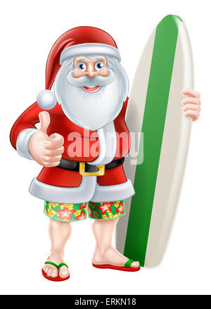 Dessin animé de Noël de Santa de donner un coup de pouce de son tableau, en short et en sandales tenant une planche de surf Banque D'Images