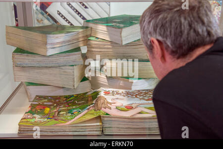 Un homme regarde la soi-disant Wiedmann Bible dans une exposition à l'Hospitalhof dans le contexte de l'Église évangélique allemande au Congrès de Stuttgart, Allemagne, 04 juin 2015. La Bible est entièrement peint avec 3 333 illustrations individuelles en 19 volumes, qui constituent ensemble une longueur totale de 1.666km. C'est donc la Bible la plus longue du monde. L'Église Congrès a commencé mercredi 03 juin et se poursuit jusqu'à dimanche 07 juin. 250 000 visiteurs sont attendus. Photo : WOLFRAM KASTL/dpa Banque D'Images