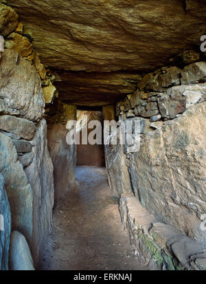 Passage d'entrée menant à la chambre funéraire de Bryn Celli Ddu passage néolithique tombe, Anglesey, avec de grandes dalles de mur et de toit et un rebord en pierre. Banque D'Images