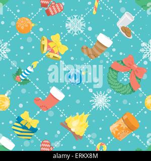 Télévision moderne coloré vecteur seamless pattern de vacances avec icônes de Noël, cloches, gerbe, bas, coffrets cadeaux, des bougies, des boules Illustration de Vecteur