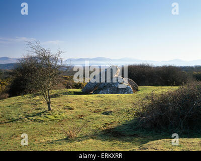 Chambre exposée des pierres de Pant y Saer sépulture néolithique sur un plateau calcaire au-dessus de Benllech, Anglesey, à l'ESS de Snowdonia. Banque D'Images