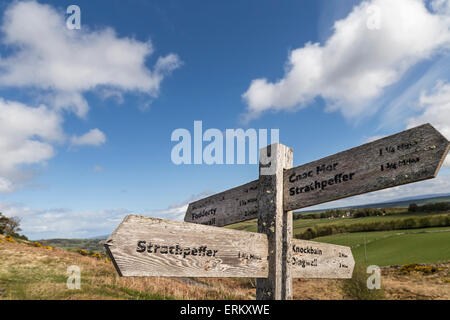 Les panneaux pour Strathpeffer sur Knockfarrel hill en Ecosse. Banque D'Images