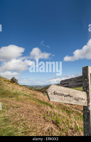 Les panneaux pour Strathpeffer sur Knockfarrel hill en Ecosse. Banque D'Images