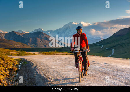 Un homme le cyclotourisme dans le Parc National Denali avec Mt. McKinley dans l'arrière-plan, l'intérieur de l'Alaska, l'été Banque D'Images