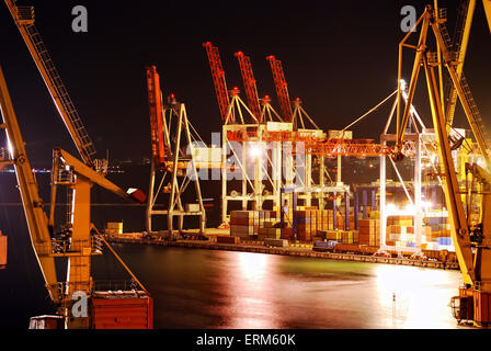 Entrepôt avec port de conteneurs et marchandises de nuit Banque D'Images