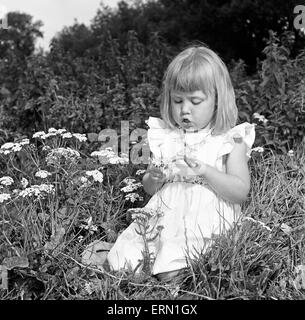 Frères et sœurs, Helen (3) et Paul Burrows (9) de Waterloo, Londres, profiter de leur première journée à la campagne dans une ferme de Chipperfield, Herts, 7 septembre 1956. Banque D'Images