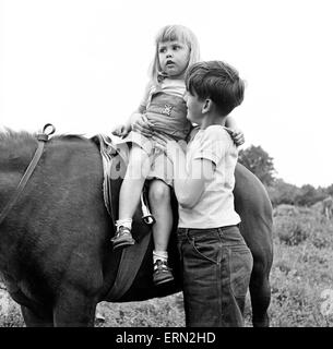 Frères et sœurs, Helen (3) et Paul Burrows (9) de Waterloo, Londres, profiter de leur première journée à la campagne dans une ferme de Chipperfield, Herts, 7 septembre 1956. Banque D'Images