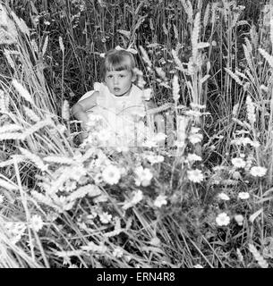 Frères et sœurs, Helen (3) et Paul Burrows (9) de Waterloo, Londres, profiter de leur première journée à la campagne dans une ferme de Chipperfield, Herts, 7 septembre 1956. Banque D'Images